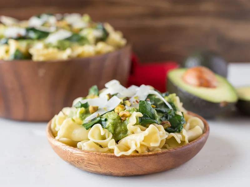 Swiss Chard Avocado Pistachio Pasta with Blended Green Sauce