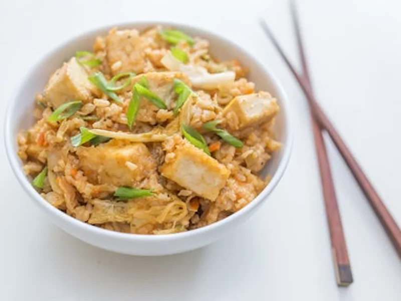 Crispy Tofu Kimchi Fried Rice with Quick Pickled Cucumbers