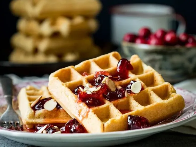 Almond Waffles with Cranberry Orange Honey Syrup