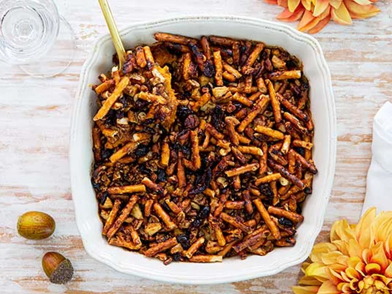 Sweet & Salty Pretzel-Topped Sweet Potato Casserole