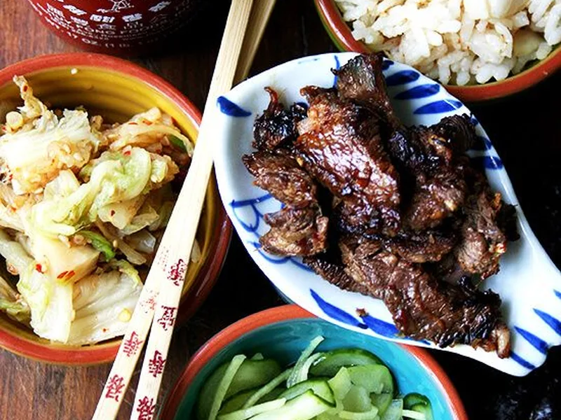 Skirt Steak Bulgogi with Quick Cucumber-Apple Pickles