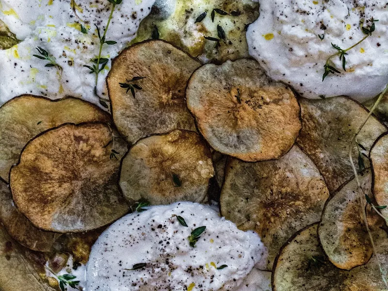 Crispy Potato Burrata Pizza with Honeyed Tapenade