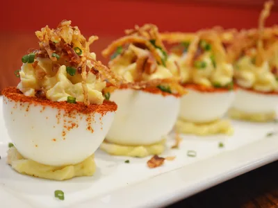 Loaded Potato Pimento Cheese Deviled Eggs