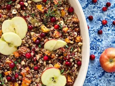Roasted Quinoa Stuffing with Apples, Sweet Potatoes & Hazelnuts