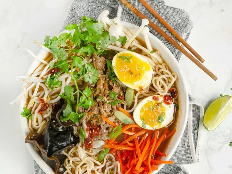 Spicy Pulled Pork Ramen with Miso Broth and Soft Boiled Eggs