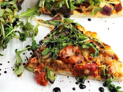 Roasted Veggie Naan Pizza with Arugula and Balsamic