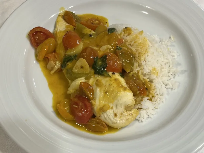 Poached Whitefish in Aromatic Tomato Coconut Curry