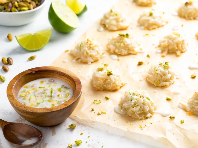 Coconut Lime Macaroons with Pistachio and Citrus Glaze