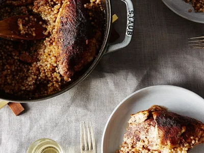 Braised Chicken with Caramelized Sumac Onions and Israeli Couscous
