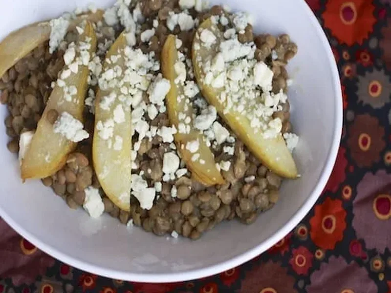 Warm Pear Gorgonzola and Lentil Salad with Caramelized Pears