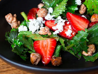 Strawberry Arugula Salad with Candied Hazelnuts and Herbed Feta