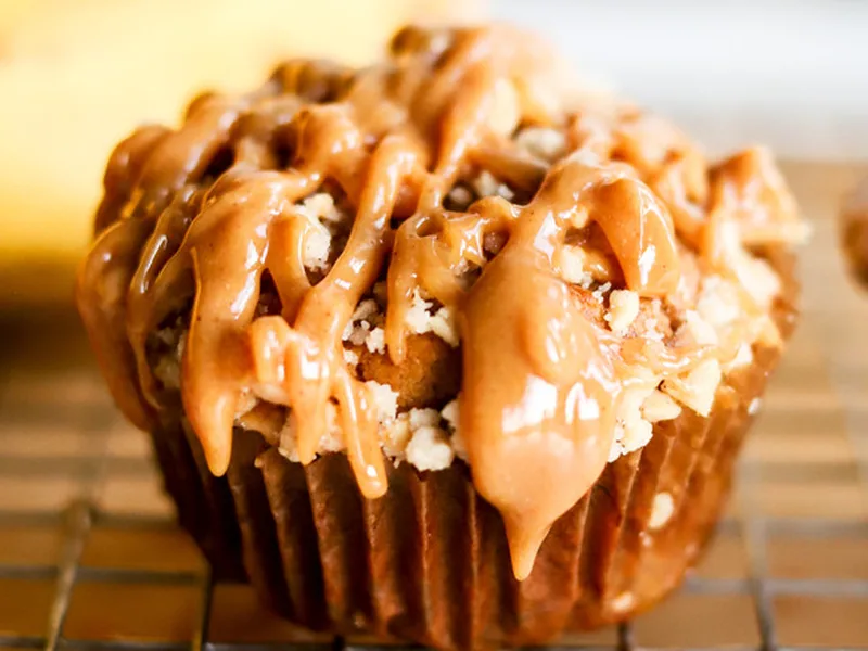 Caramelized Banana Peanut Butter Muffins with Streusel