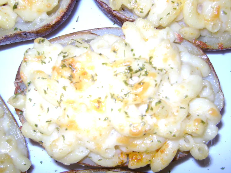 Crispy Potato Skins Stuffed with Baked Mac and Cheese