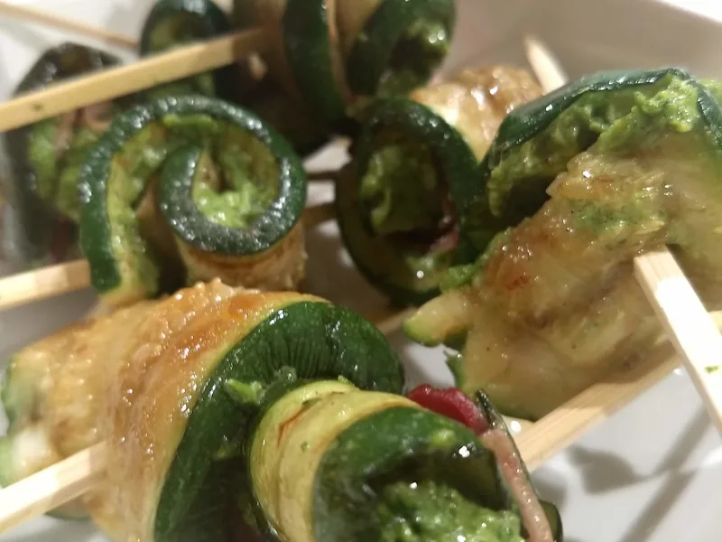 Grilled Courgette Rolls with Duck Breast and Dairy-Free Pesto