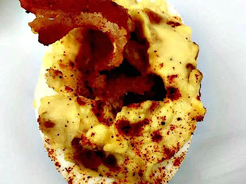 Bacon Deviled Eggs with Sweet Chili and Worcestershire