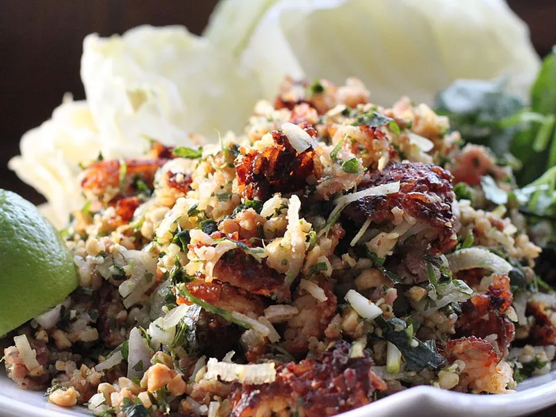 Lao Crispy Rice Salad (Nam Khao) with Pork and Herbs