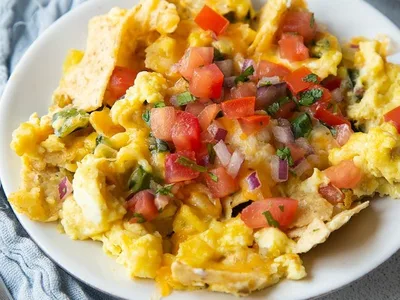 Tex-Mex Cheesy Migas Scramble with Crushed Tortilla Chips