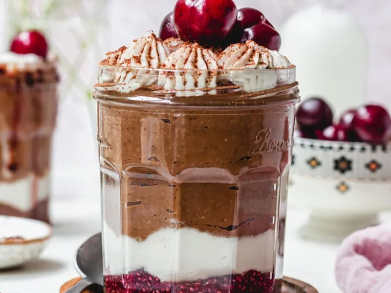 Black Forest Overnight Oats with Cherry Compote and Chocolate