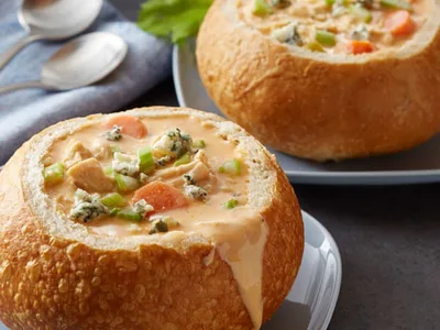 Cheesy Buffalo Chicken Soup in Crispy Bread Bowls