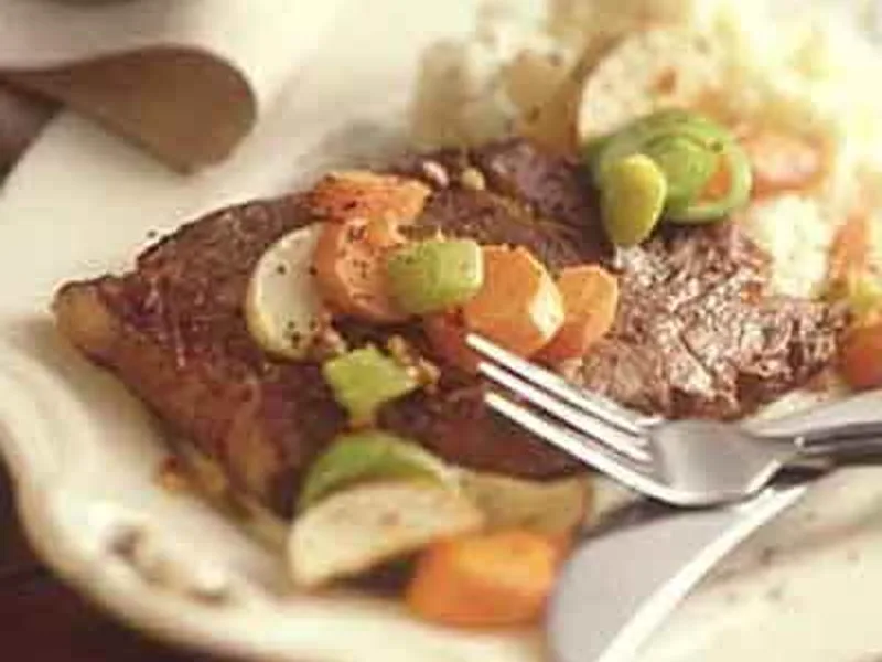 Garlic Pepper Steak with Caramelized Root Vegetables