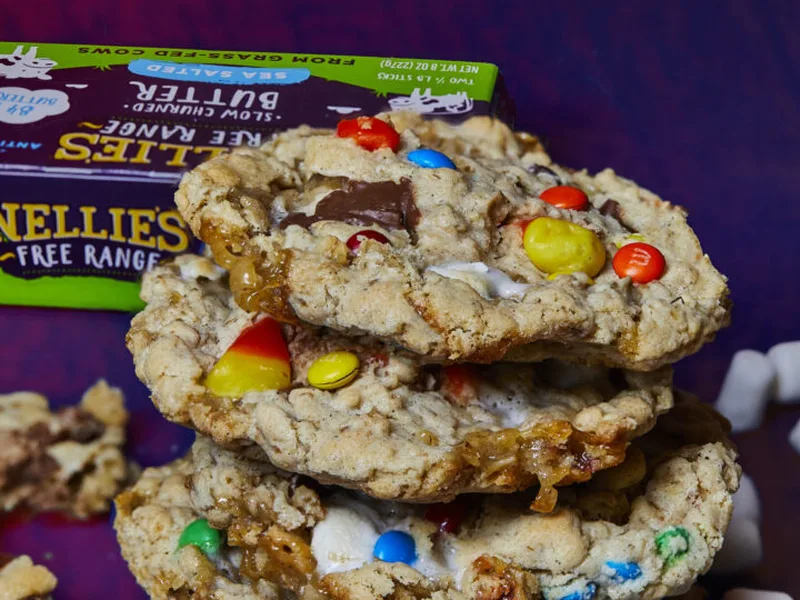 Halloween Candy Monster Cookies with M&Ms and Marshmallows