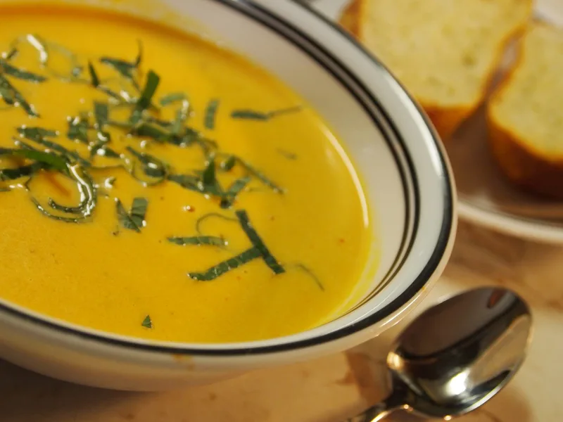 Grilled Yellow Tomato Bisque with Fresh Mint