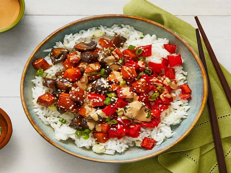 Hoisin Glazed Sweet Potato Mushroom Bowls with Ginger Rice