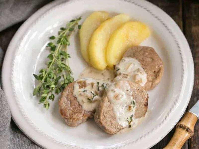 Apple Topped Pork Medallions with Calvados Cream Sauce
