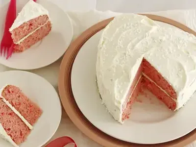 Strawberry White Chocolate Champagne Layer Cake with Frosting