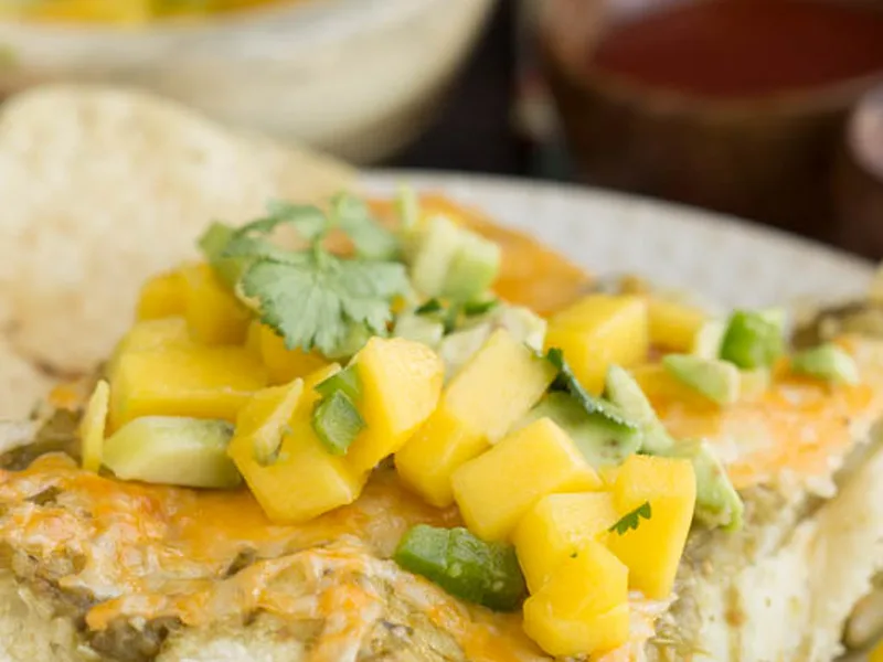 Lighter Chicken Enchiladas with Salsa Verde and Avocado Mango