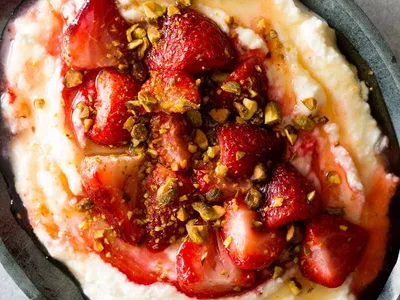 Roasted Strawberry Honey Whipped Ricotta with Pistachios