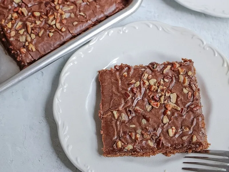 Texas Sheet Cake with Coffee Cocoa Frosting and Pecans