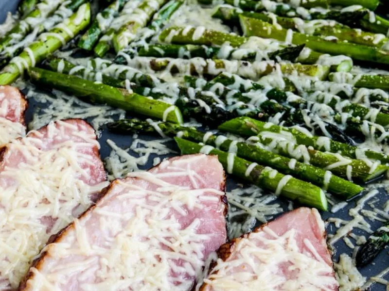 Sheet Pan Ham and Asparagus with Crispy Parmesan