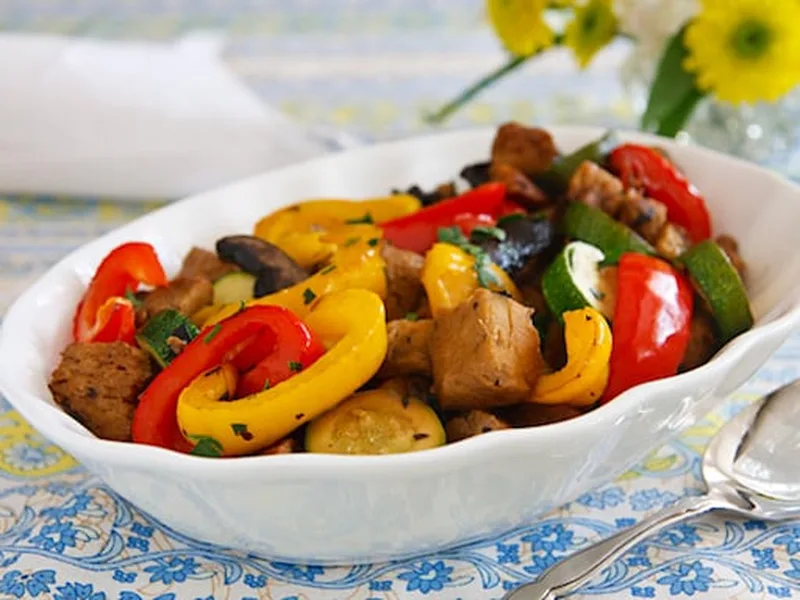 Sheet Pan Roasted Seitan with Portobellos and Peppers