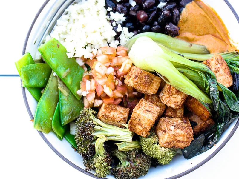 Vegan Tofu Burrito Bowls with Roasted Broccoli