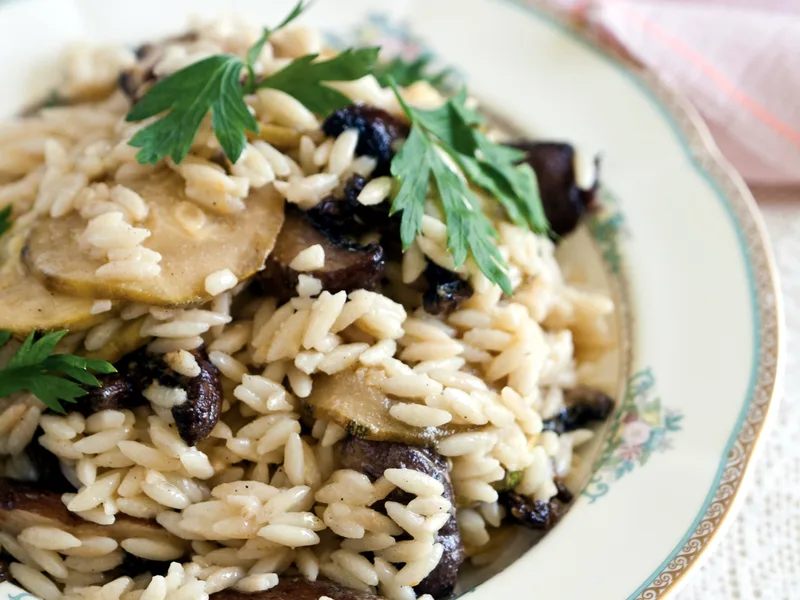 Roasted Portobello Mushroom and Zucchini Orzo Toss