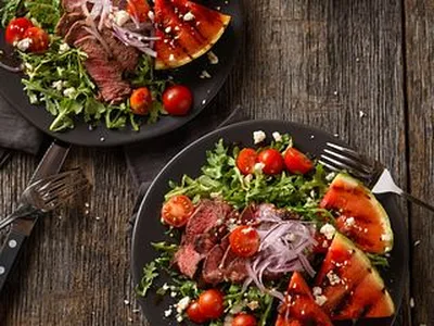 Grilled Beef Tenderloin and Watermelon Salad with Arugula