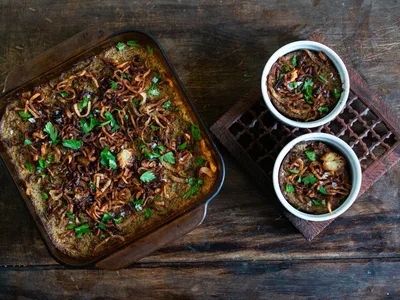 Cauliflower Mushroom Kugel with Crispy Shallots