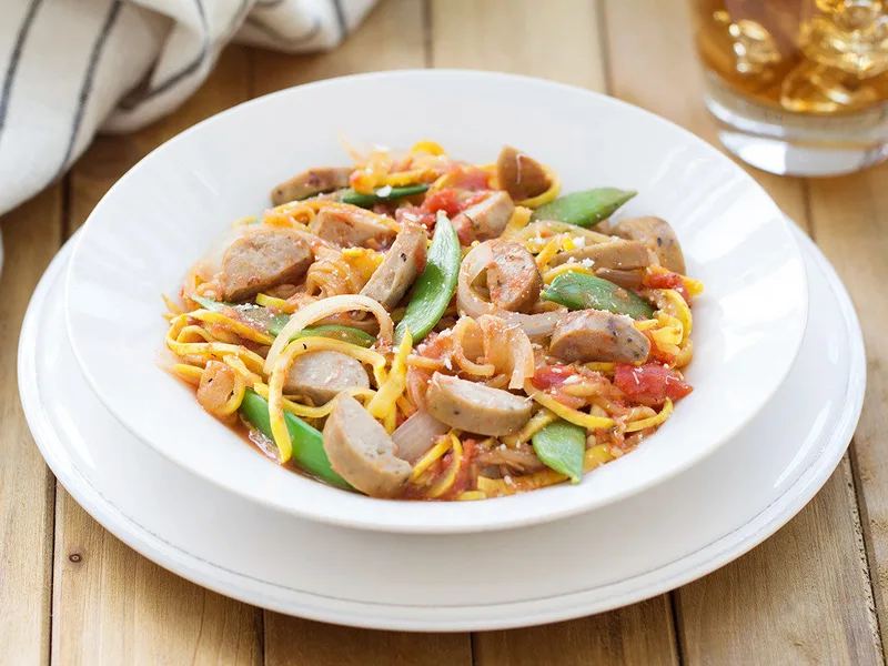 Baked Chicken Sausage with Spiralized Squash en Papillote