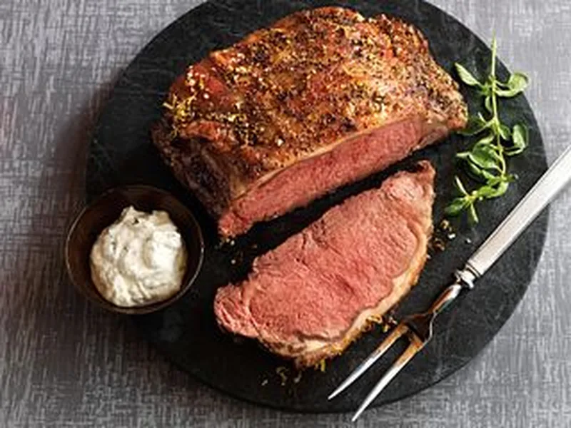 Lemon-Garlic Strip Roast with Horseradish-Oregano Sauce