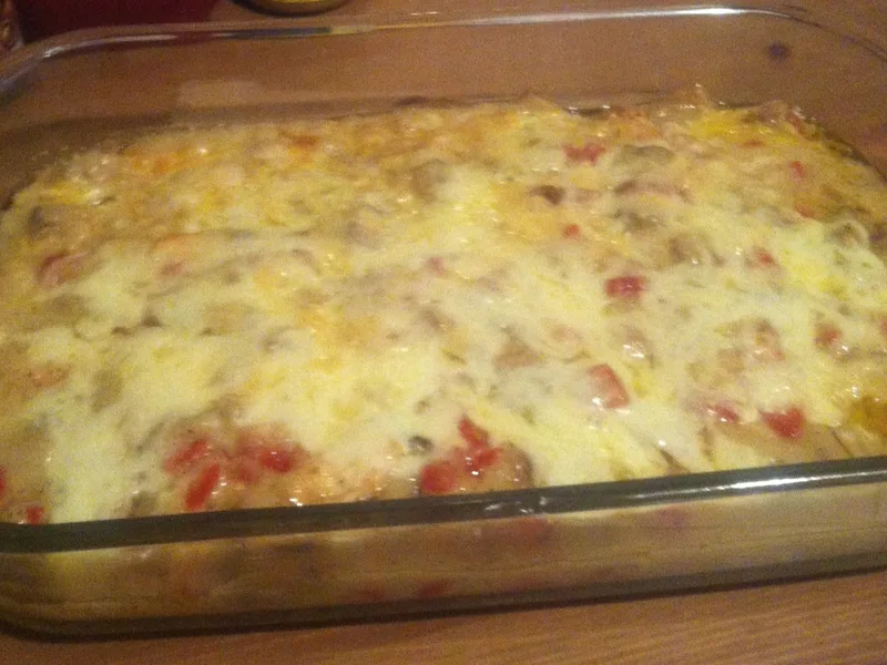 Southern Chicken Noodle Casserole with Pimiento and Parmesan