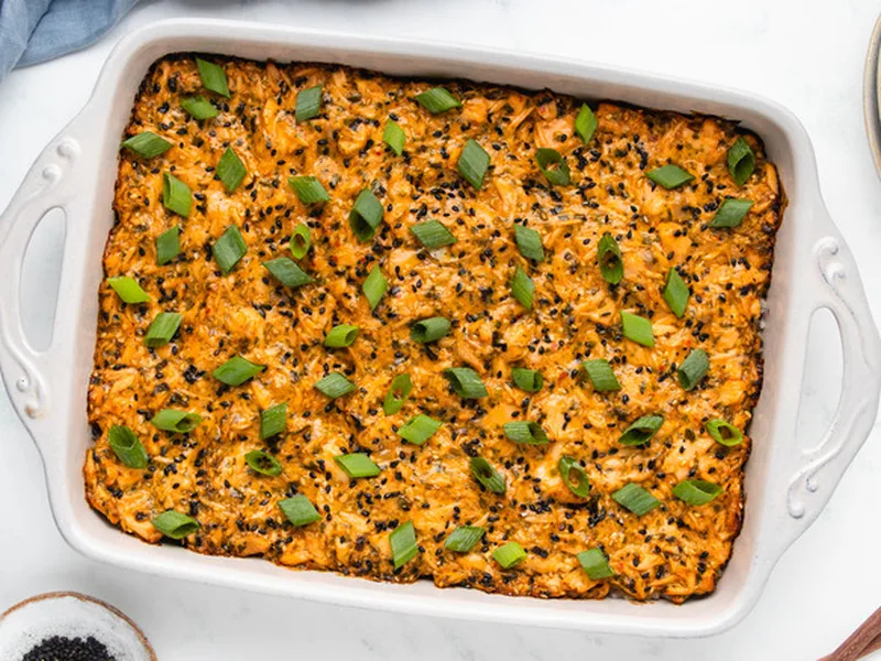 Spicy Salmon Sushi Bake with Sriracha Mayo