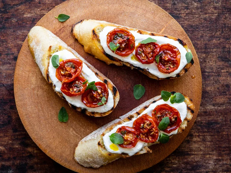 Bruschetta with Whipped Feta and Semi-Dried Cherry Tomatoes