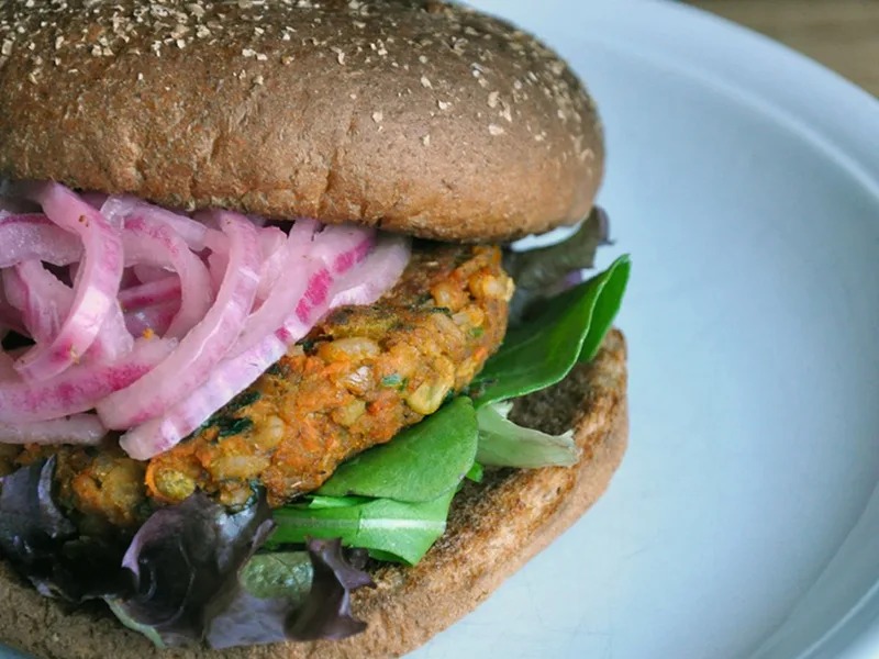 Split Pea Barley Burger with Quick Pickled Red Onions