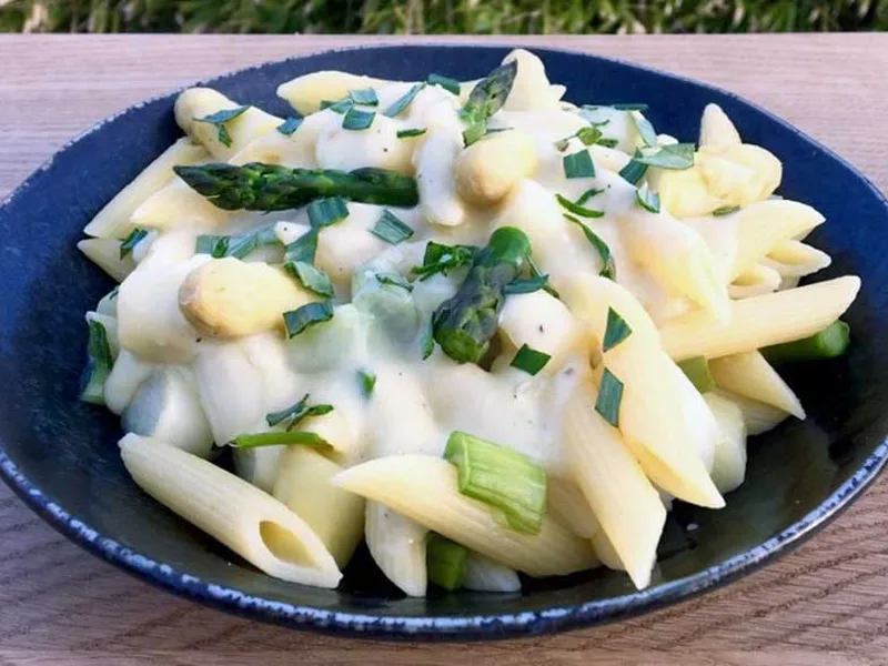 Creamy Lemon Pasta with Green and White Asparagus