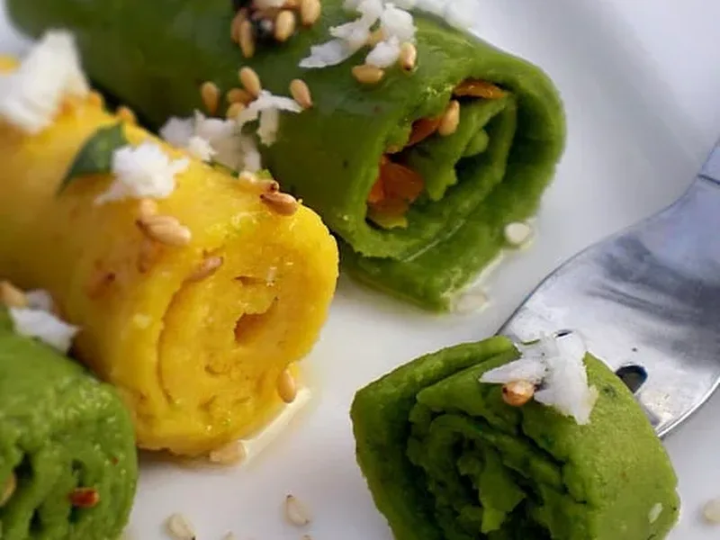 Savory Chickpea Flour Spinach Rolls with Sesame Tempering