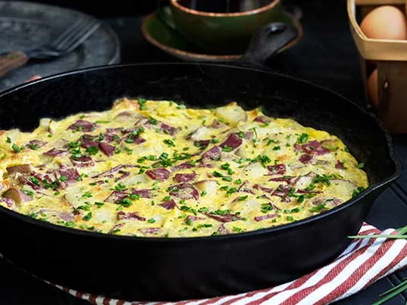 Cast Iron Corned Beef Hash Frittata with Microwave Potatoes