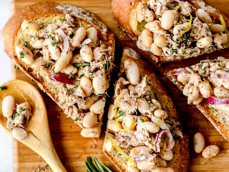 Mediterranean Tuna White Bean Salad Toasts