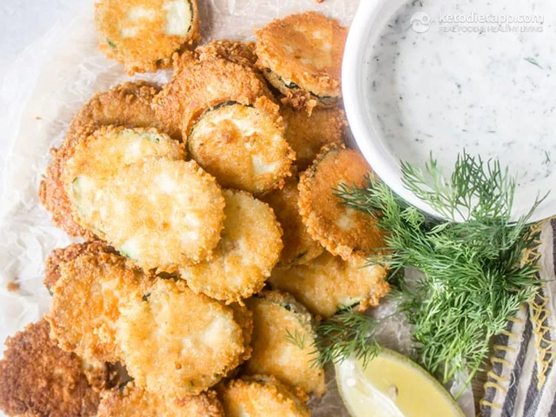 Crispy Parmesan Garlic Fried Zucchini with Yogurt Dill Sauce