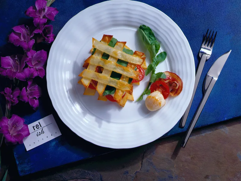 Pan Seared Scallop BLT with Crispy Potato Lattice Fences